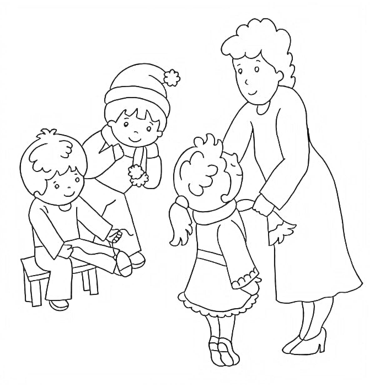 На раскраске изображено: Воспитательница, Детский сад, Мальчик, Девочка, Зимняя шапка, Воспитание, Забота, Общение