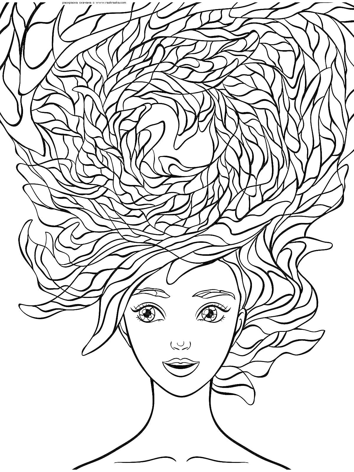 Раскраска Девушка с закрученными волосами в форме спирали