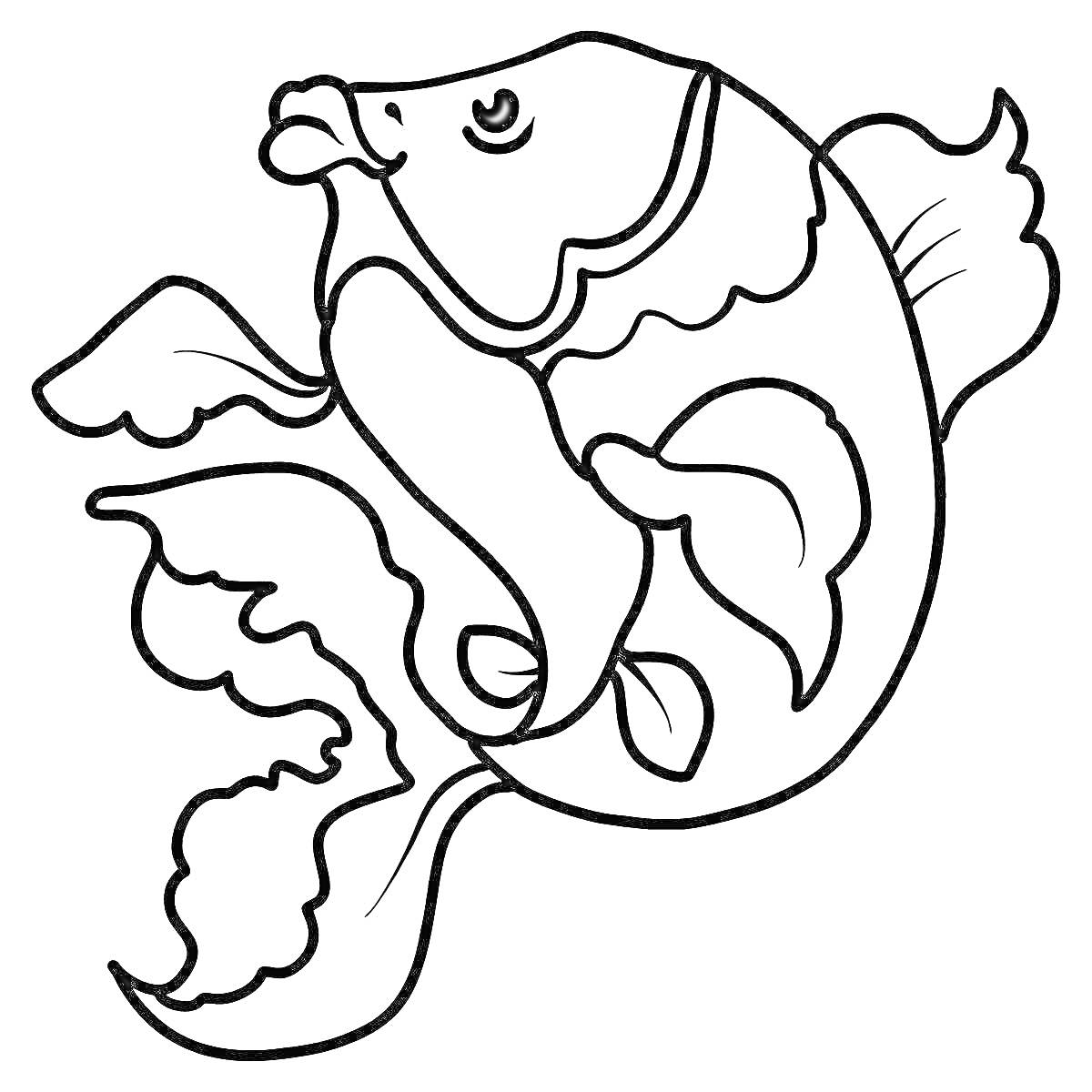 На раскраске изображено: Золотая рыбка, Рыба, Плавники, 3 года, 4 года, Творчество, Морская жизнь