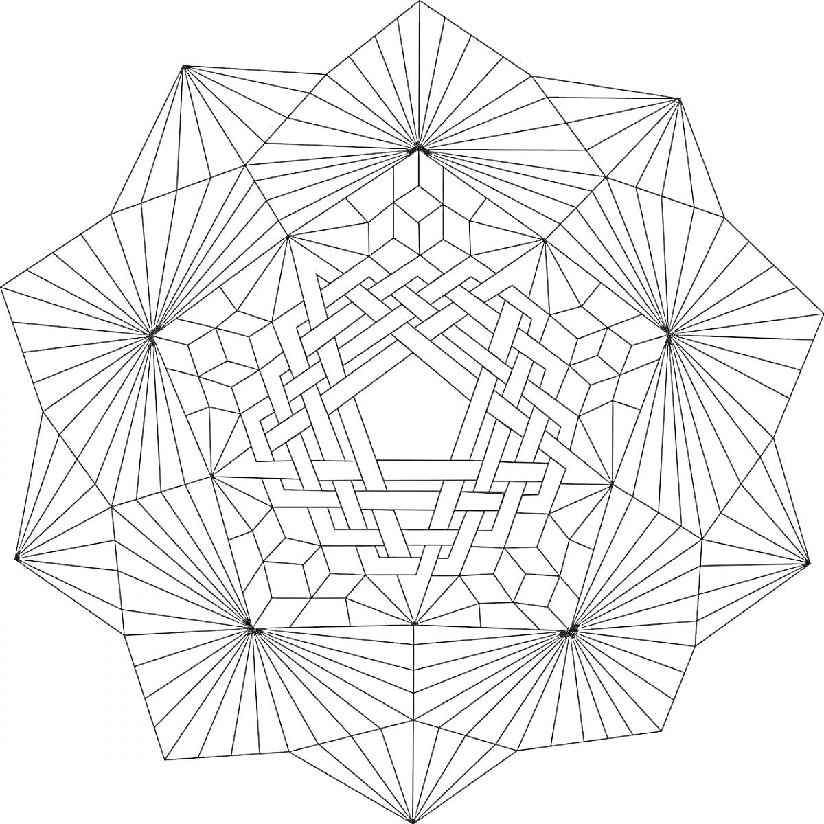Раскраска геометрический узор с центральным многоугольником, плетённой средней частью и лучевой внешней частью