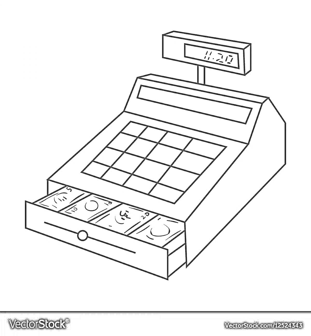 На раскраске изображено: Кассовый аппарат, Деньги, Купюры, Цифровой дисплей, Магазин, Выдвижной ящик