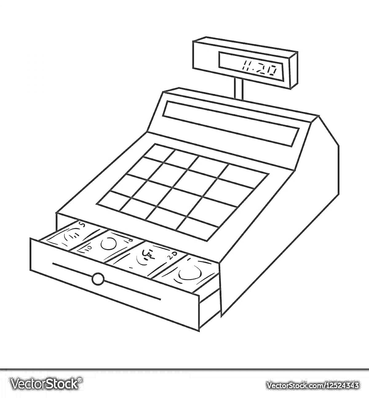 Раскраска Кассовый аппарат с выдвижным ящиком, купюрами и цифровым дисплеем