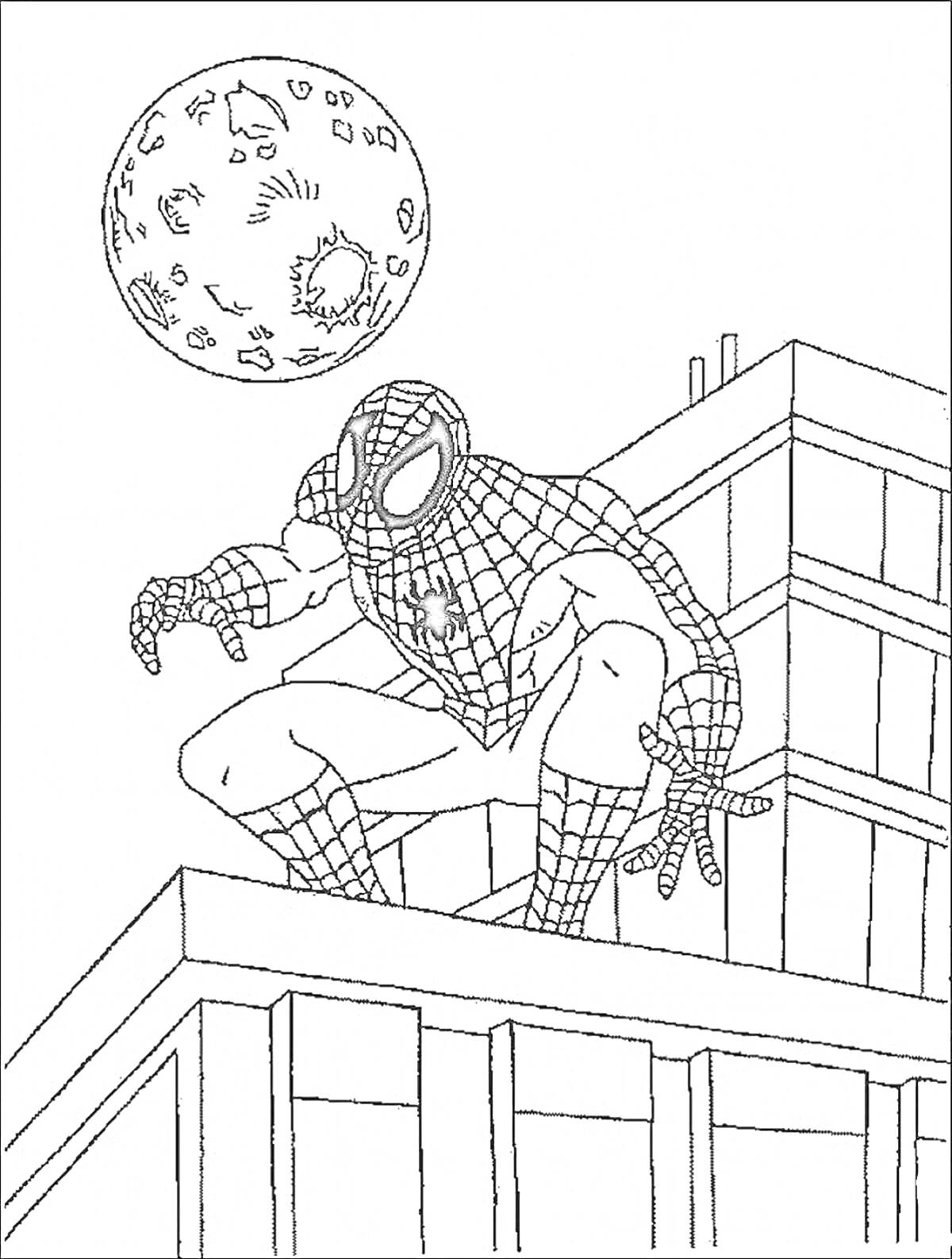 На раскраске изображено: Человек-паук, Здание, Крыша, Паутина, Ночь, Новогодняя ночь