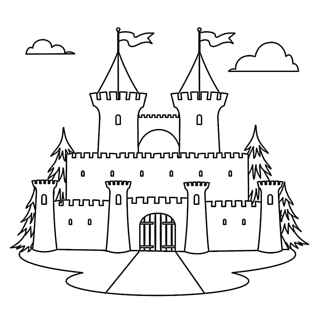 Раскраска Замок с башнями, флагами, деревьями, воротами и облаками
