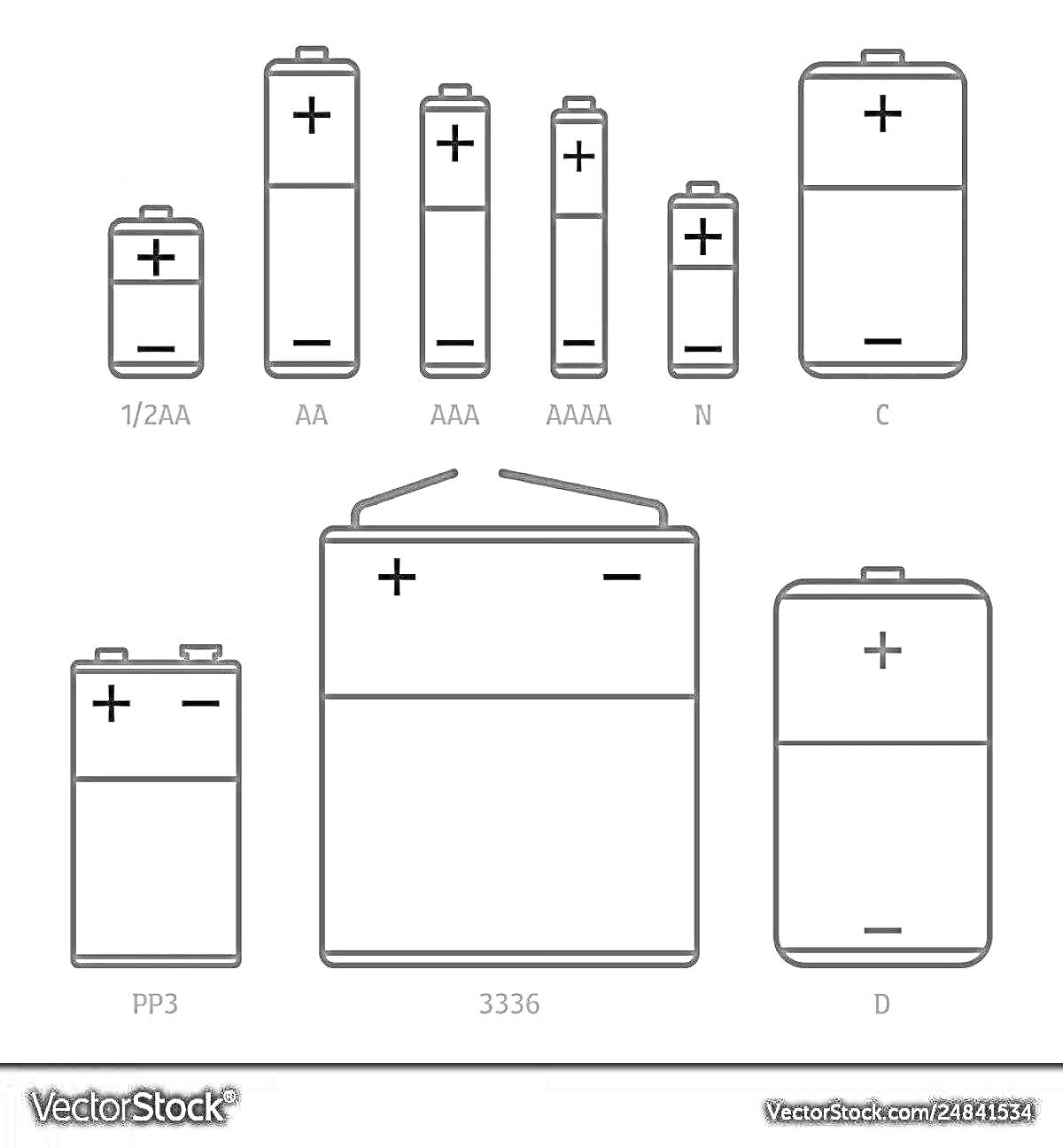 Раскраска Различные типы батареек: 1/2AA, AA, AAA, AAAA, N, C, PP3, 3336, D