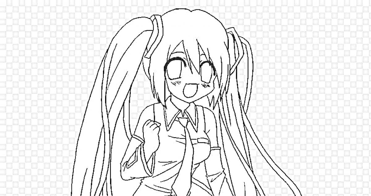 Раскраска Хацунэ Мику с длинными волосами, в рубашке и галстуке