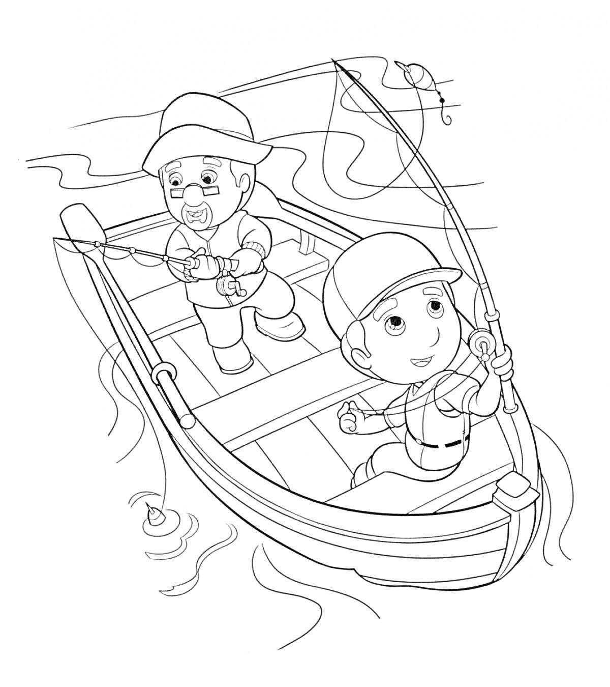 Раскраска Два человека на лодке, ловят рыбу удочкой