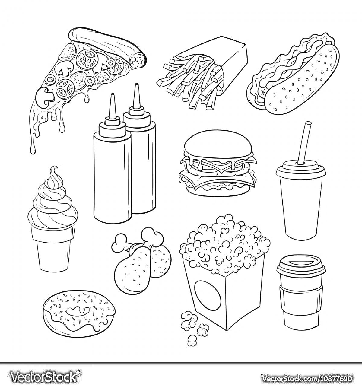 Раскраска Пицца, картофель фри, хот-дог, кетчуп и горчица, гамбургер, молочный коктейль, мороженое в рожке, куриные ножки, попкорн, кофе в бумажном стакане, пончик