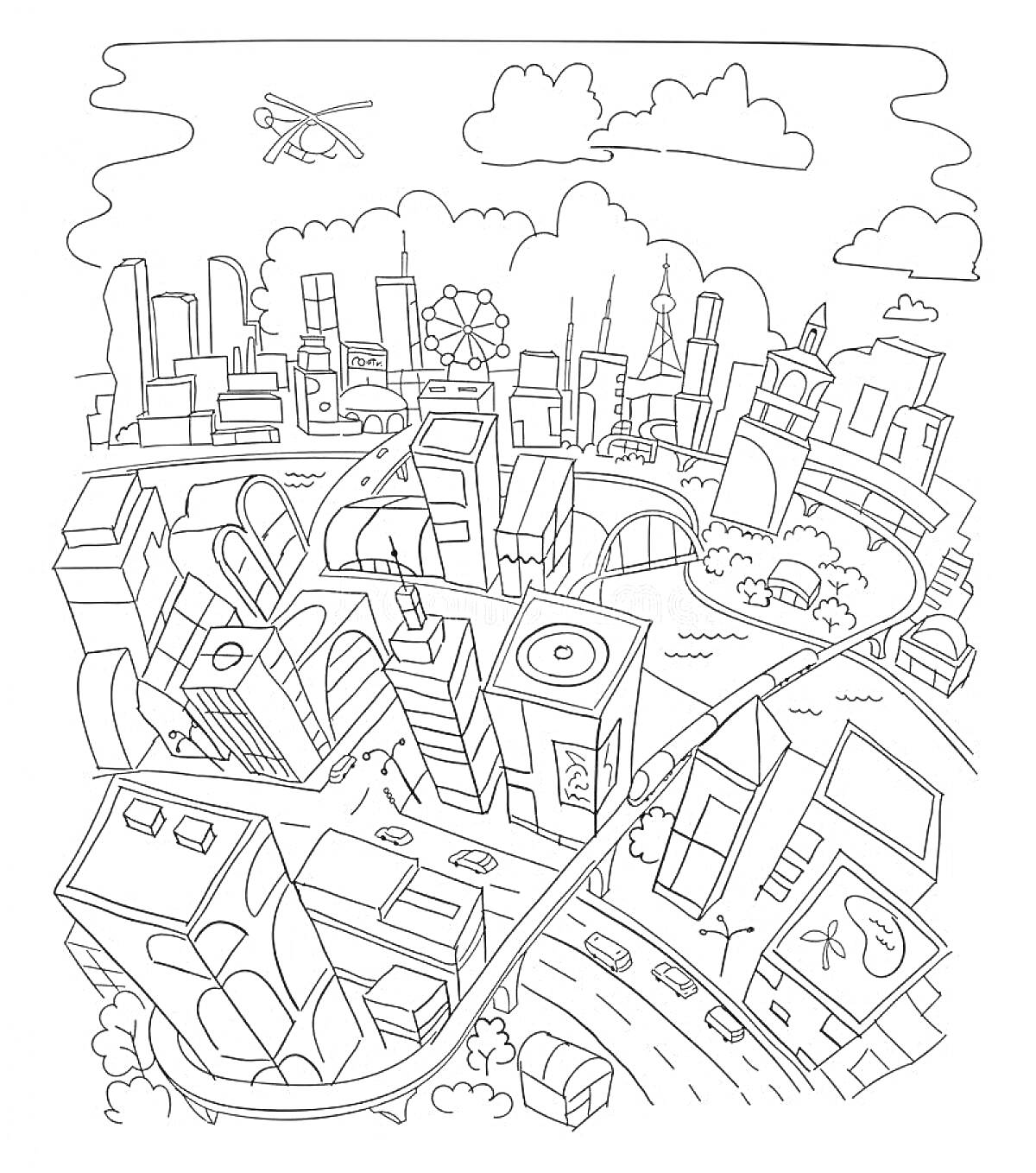 Город будущего с небоскребами, дорогами, эстакадами, воздушными транспортными средствами и современными зданиями