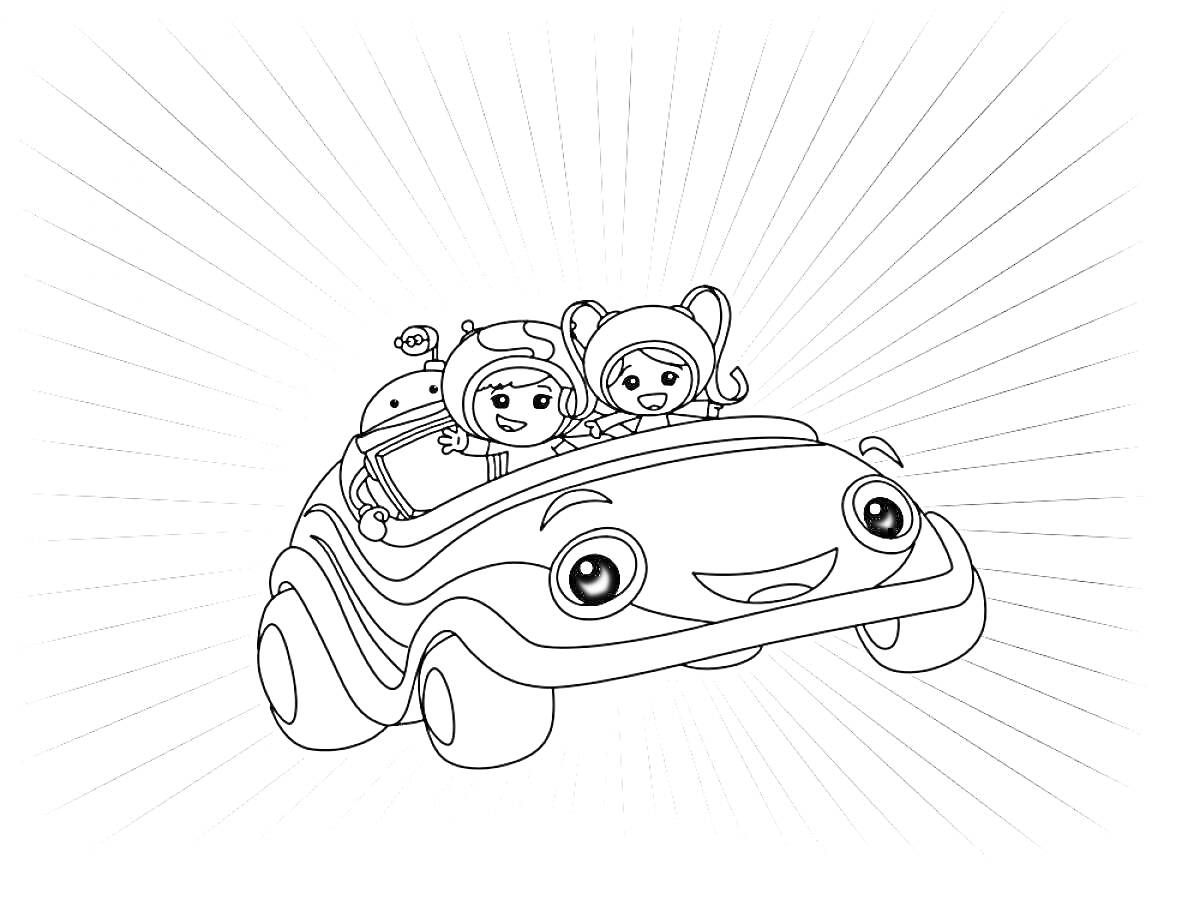 Раскраска Два персонажа Умизуми в машине, излучающей линии