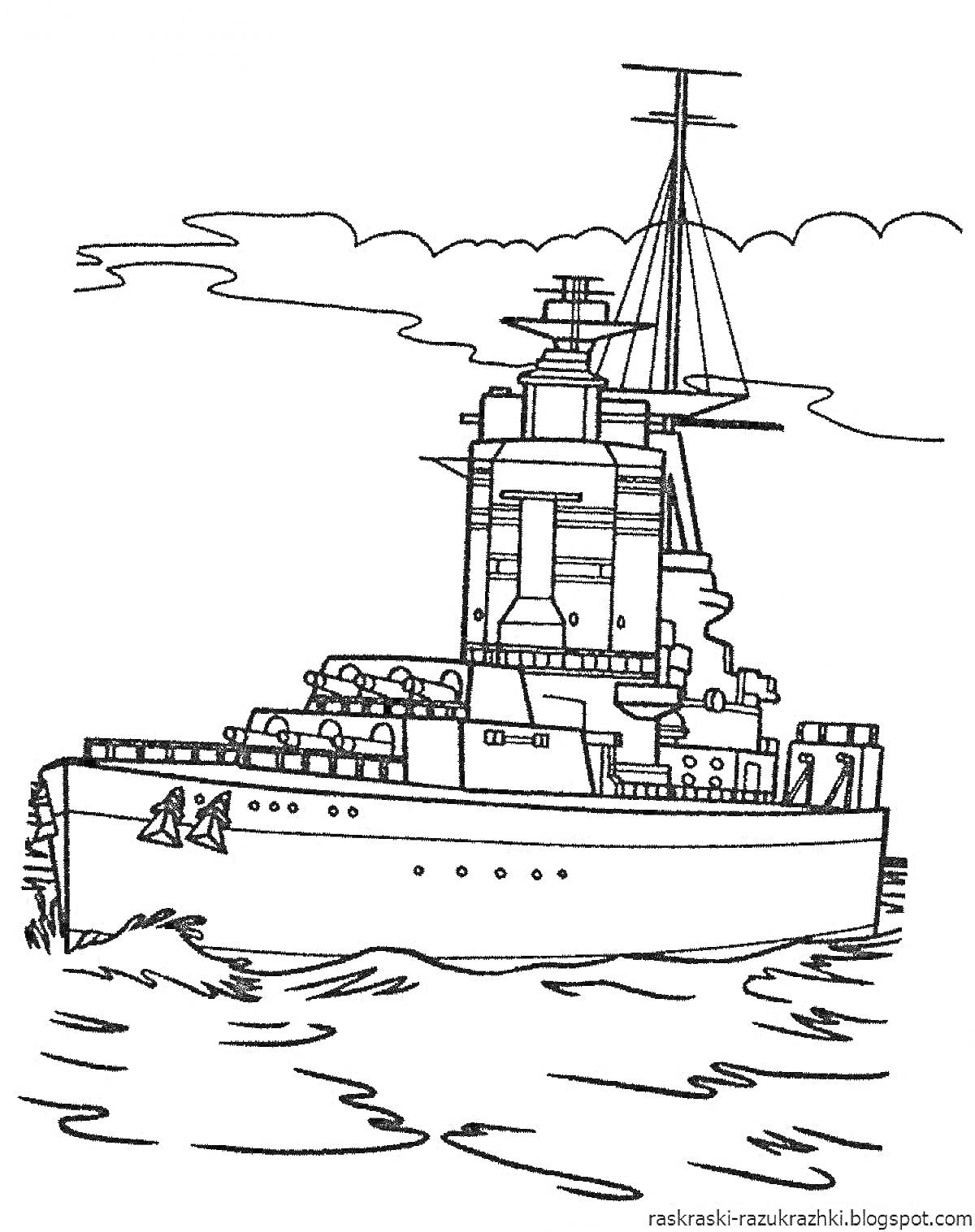 На раскраске изображено: Военный корабль, Море, Облака, Антенны, Башни, Оружие, Волны