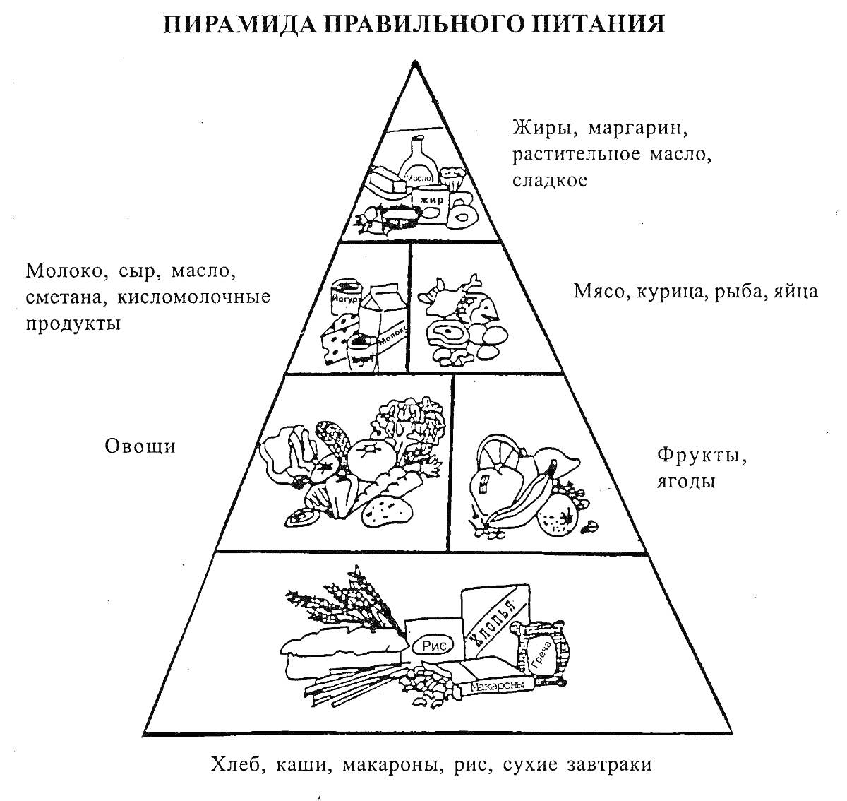 Раскраска Пирамида правильного питания с продуктами: хлеб, каши, макароны, рис, сухие завтраки; фрукты, ягоды; овощи; молоко, сыр, масло, сметана, кисломолочные продукты; мясо, курица, рыба, яйца; жиры, маргарин, растительное масло, сладкое