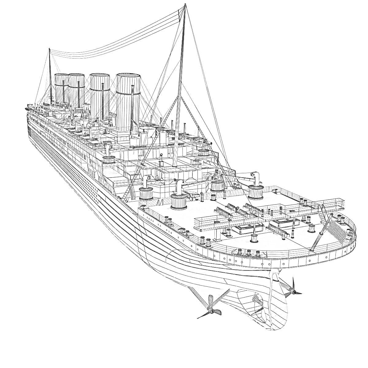 На раскраске изображено: Корабль, Лузитания, Круизный лайнер, Старинный корабль, Палуба