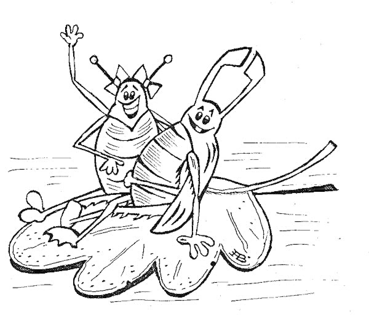 Раскраска Два жука на листе, приветствующие