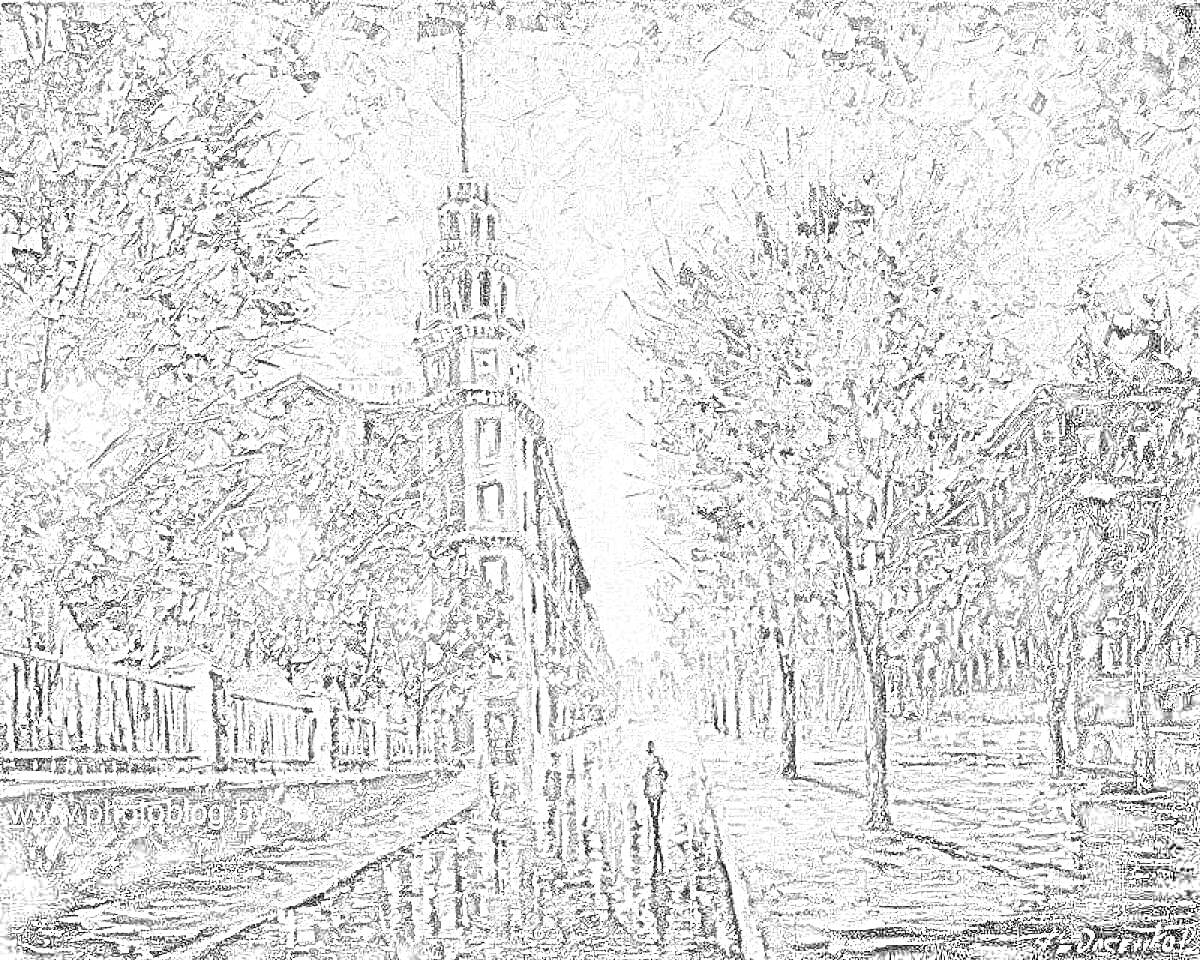 Раскраска Городская улица с башней и деревьями в дождливый день