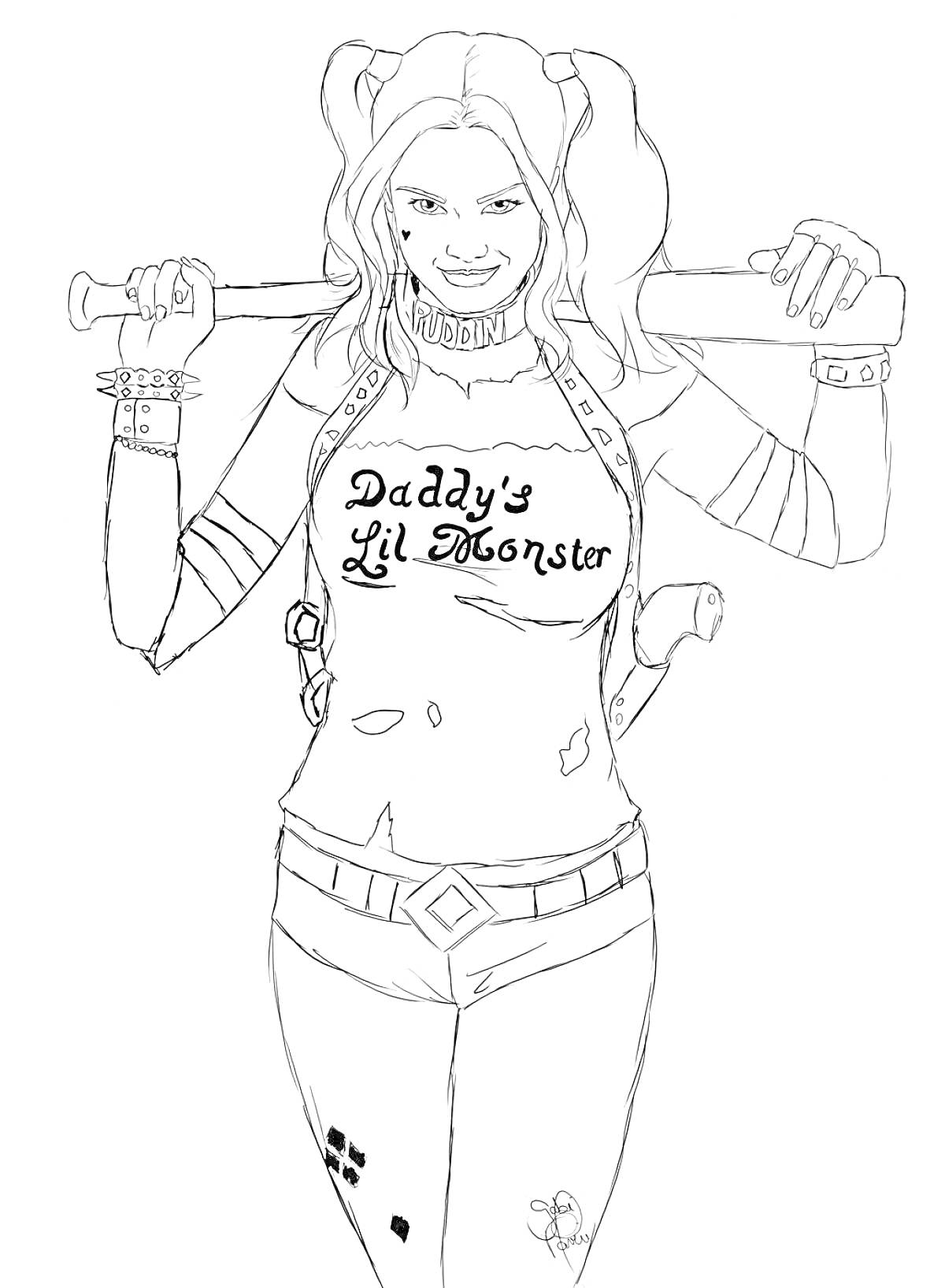 Раскраска Девушка с бейсбольной битой в волосах с хвостиками, футболке с надписью 
