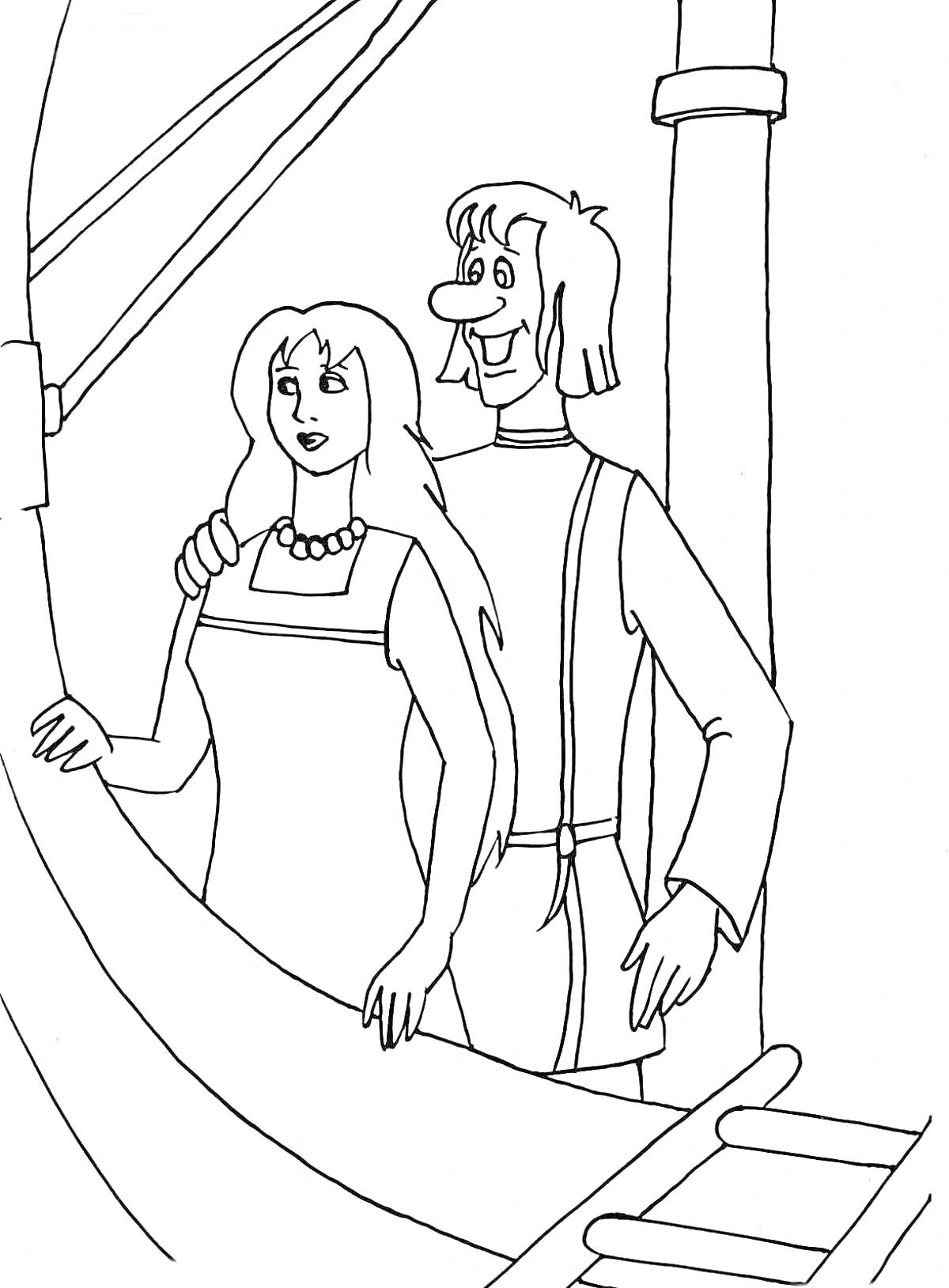 Раскраска Пара мультяшных персонажей на корабле