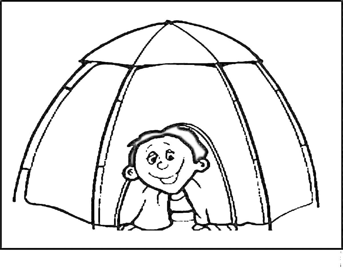 Раскраска мальчик в палатке