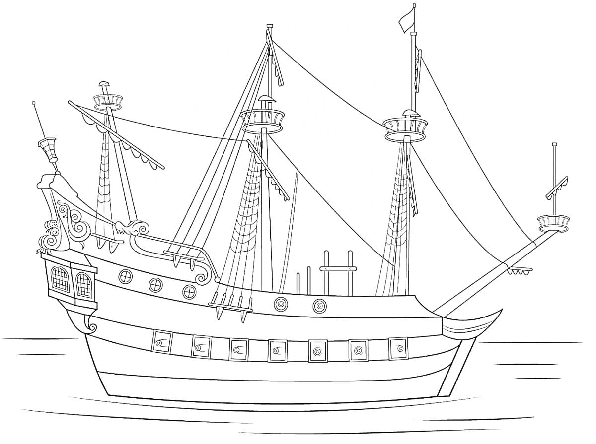 парусный корабль на волнах с тремя мачтами, парусами, веревками, иллюминаторами и деталями на корпусе