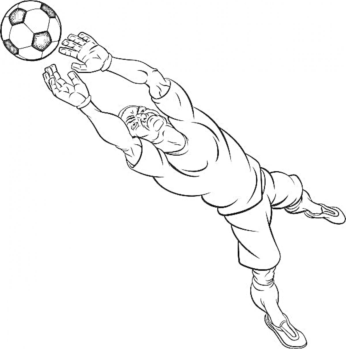 На раскраске изображено: Футбол, Вратарь, Спорт, Игра, Контурные рисунки, Мячи, Прыжки