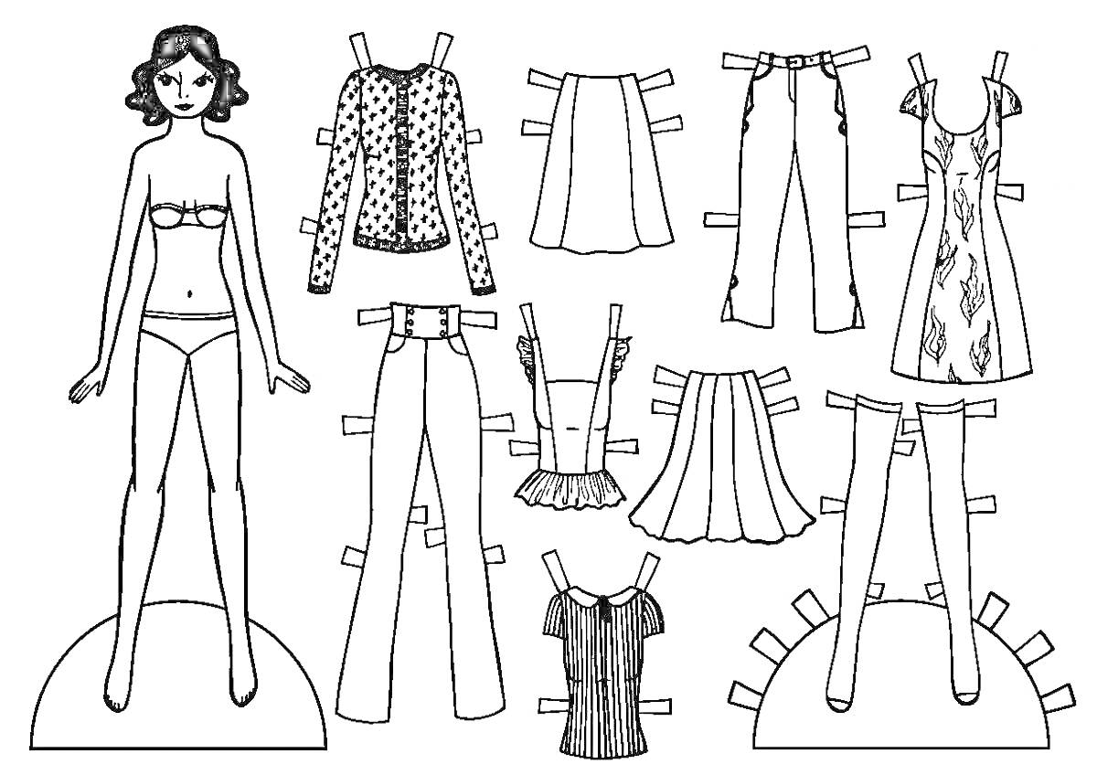 Бумажная Барби с комплектом одежды: три пары брюк, короткая юбка, платье, две кофт, топ