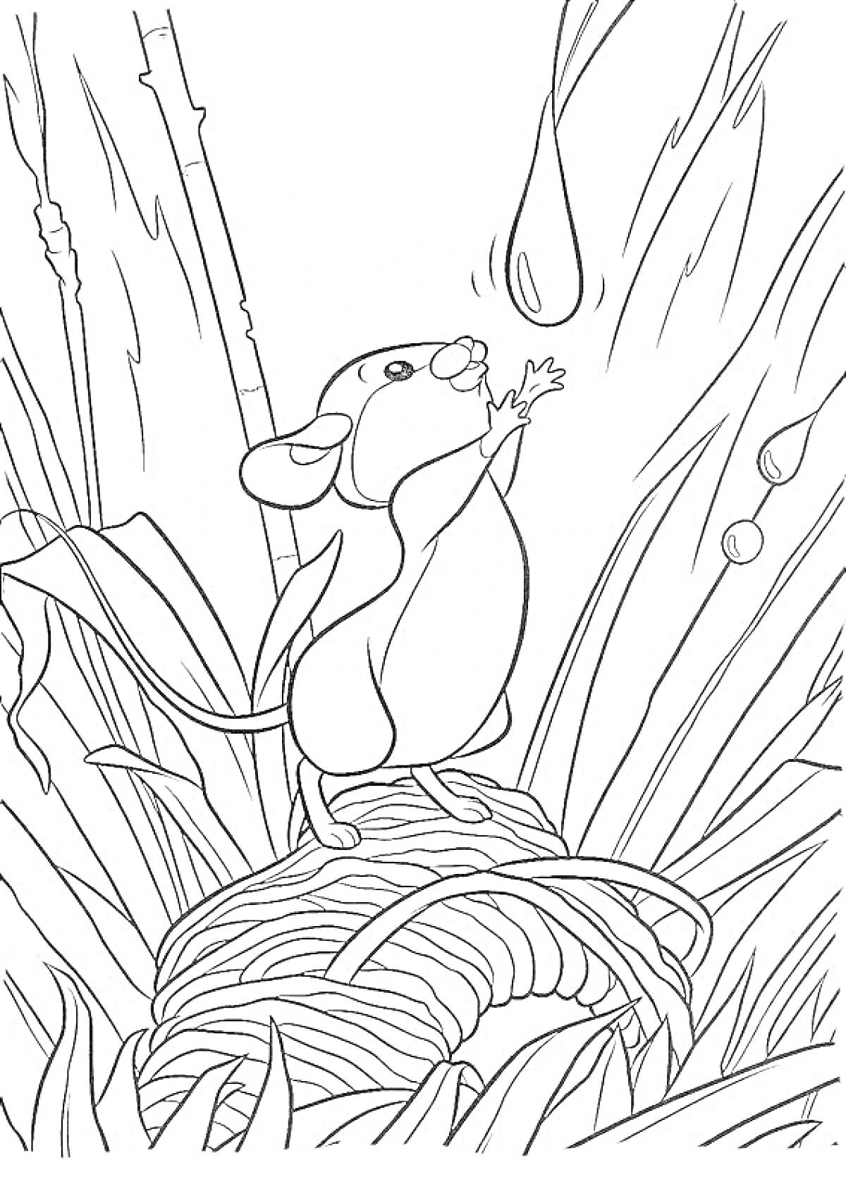 Раскраска Мышонок Пик на травяной подстилке тянется к капле воды
