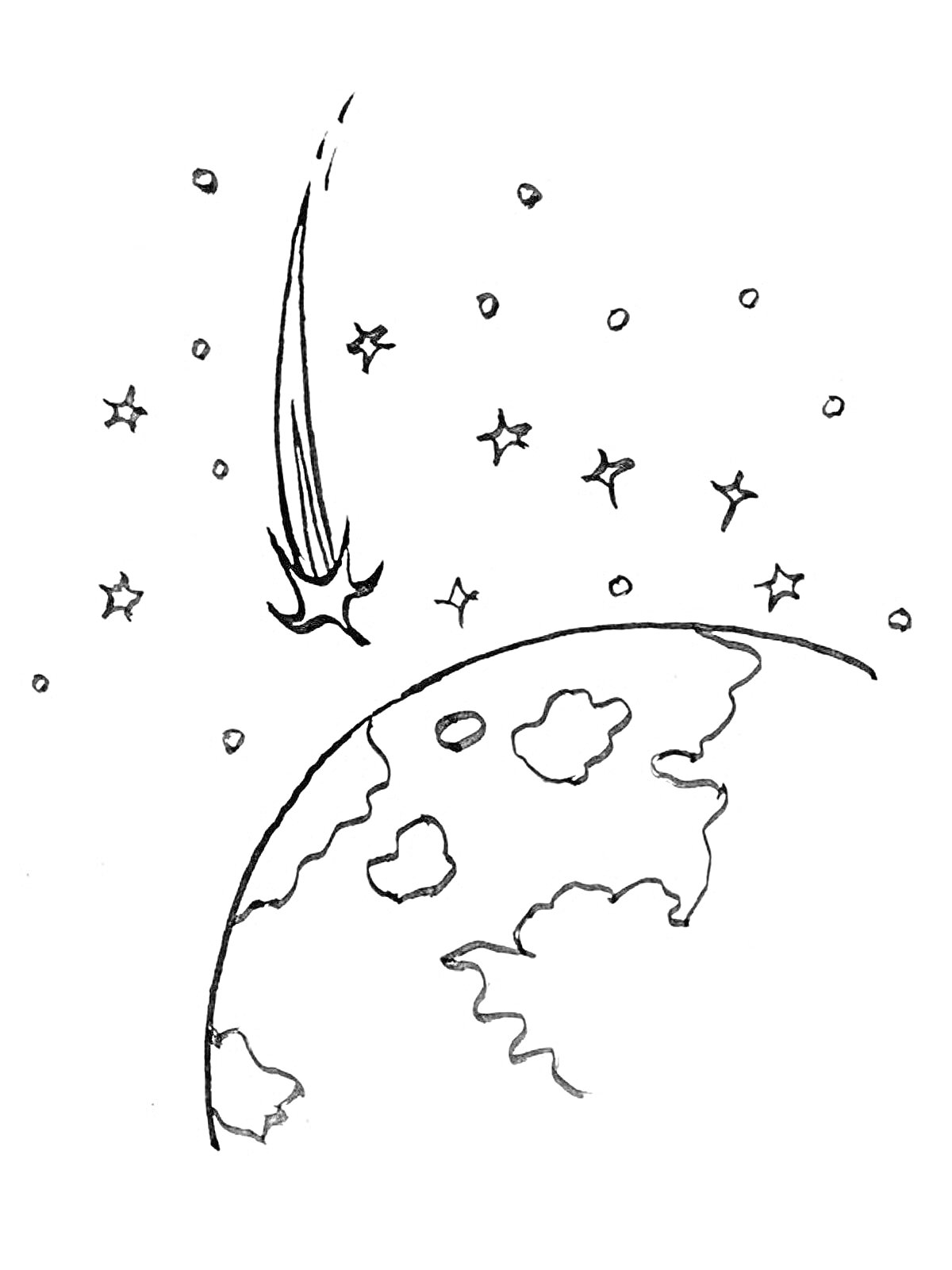 На раскраске изображено: Космос, Звезды, Земля, Падающая звезда, Небо, Астрономия, Ночное небо, Планеты