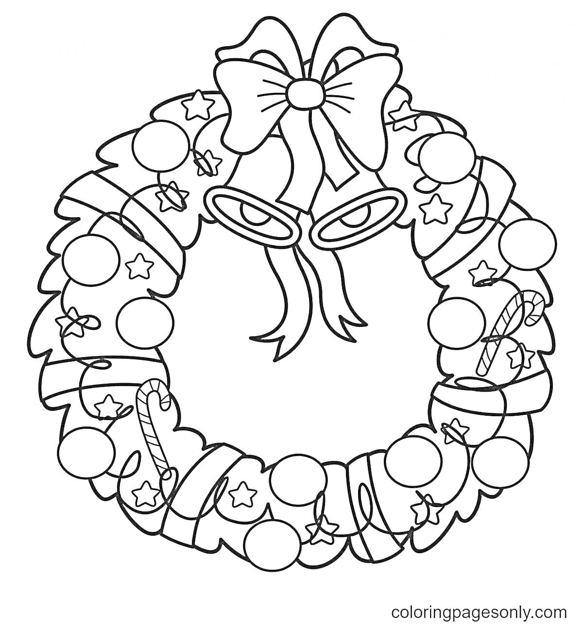 На раскраске изображено: Венок, Бант, Шары, Звезды, Новогодние украшения, Рождество, Праздничный декор