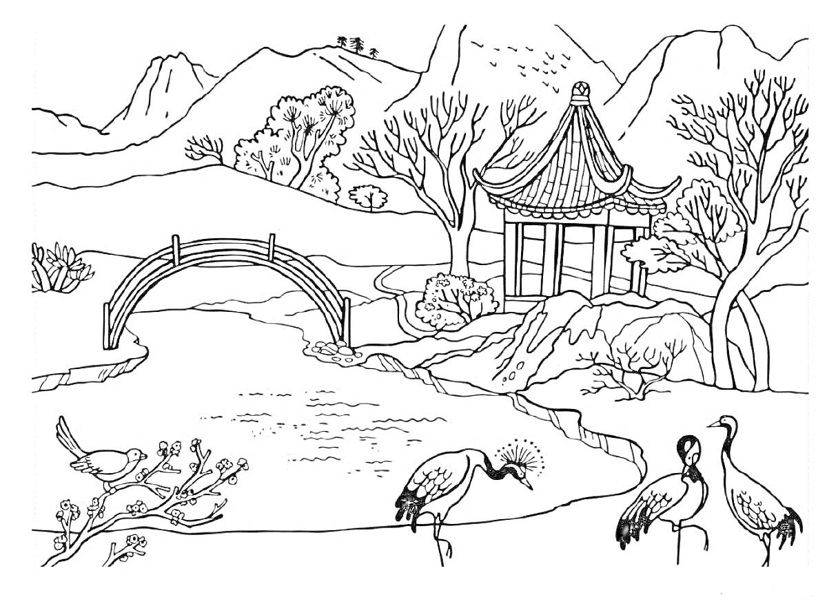 Раскраска Река с мостом, павильоном, деревьями и птицами