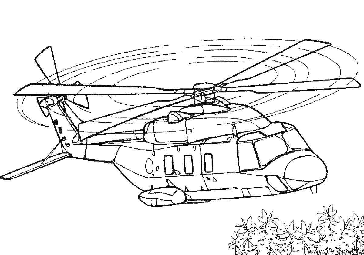 На раскраске изображено: Вертолет, Российская техника, Воздушное судно, Военные, Лопасти, Антистресс, Силуэты