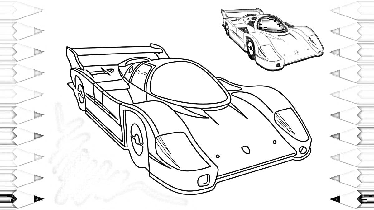 Раскраска Раскраска с гоночной машинкой, фон из карандашей и тень машины