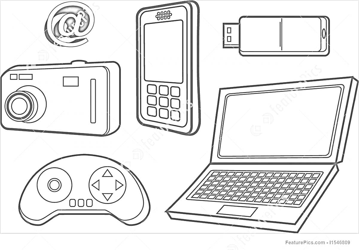 Символ электронной почты, мобильный телефон, USB-накопитель, цифровая камера, игровая приставка, ноутбук