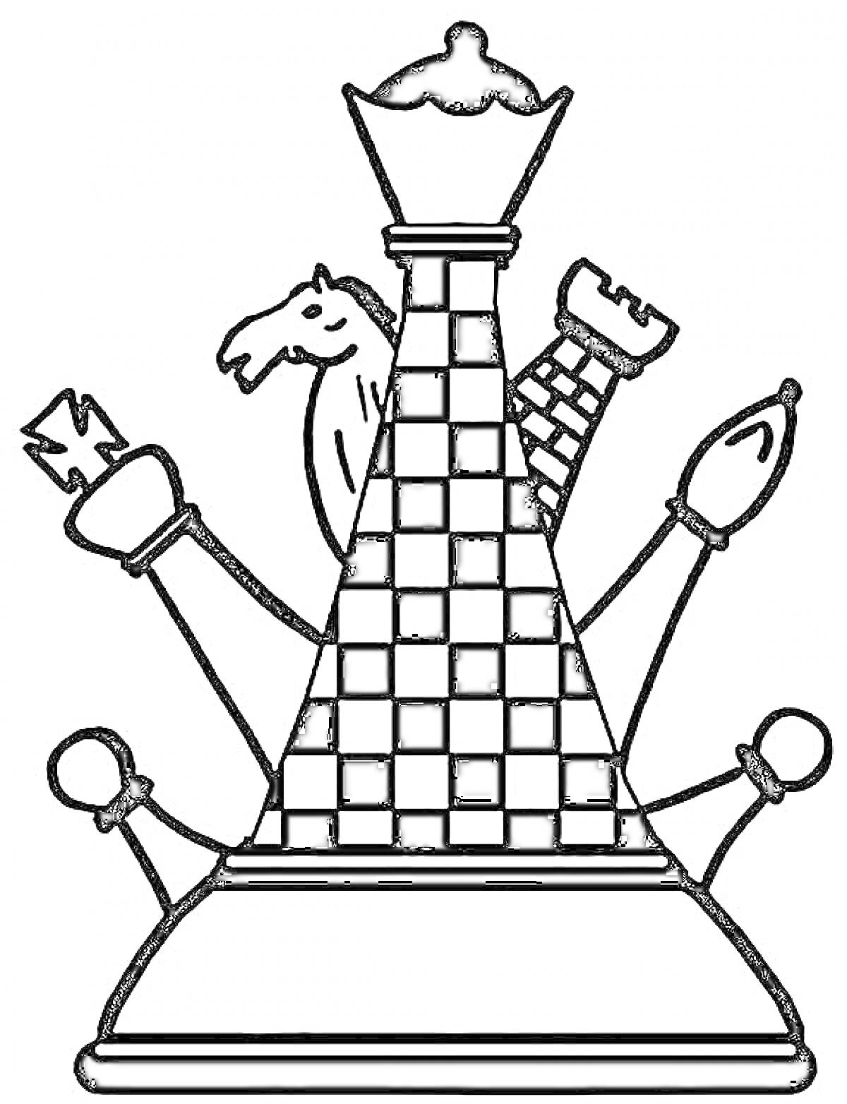 Раскраска Композиция шахматных фигур с королем, ферзем, конем, ладьей, слоном, пешкой