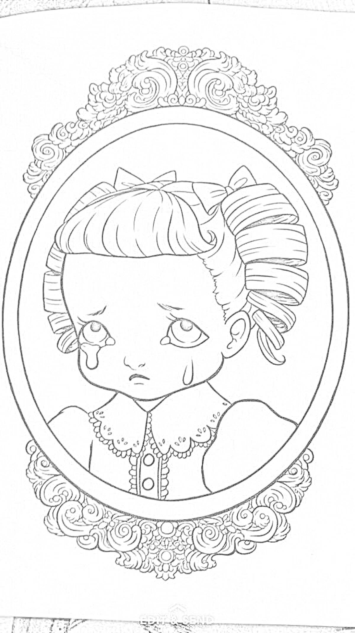 Раскраска Плачущий ребёнок в винтажной рамке, слёзы, винтажное платье с воротником