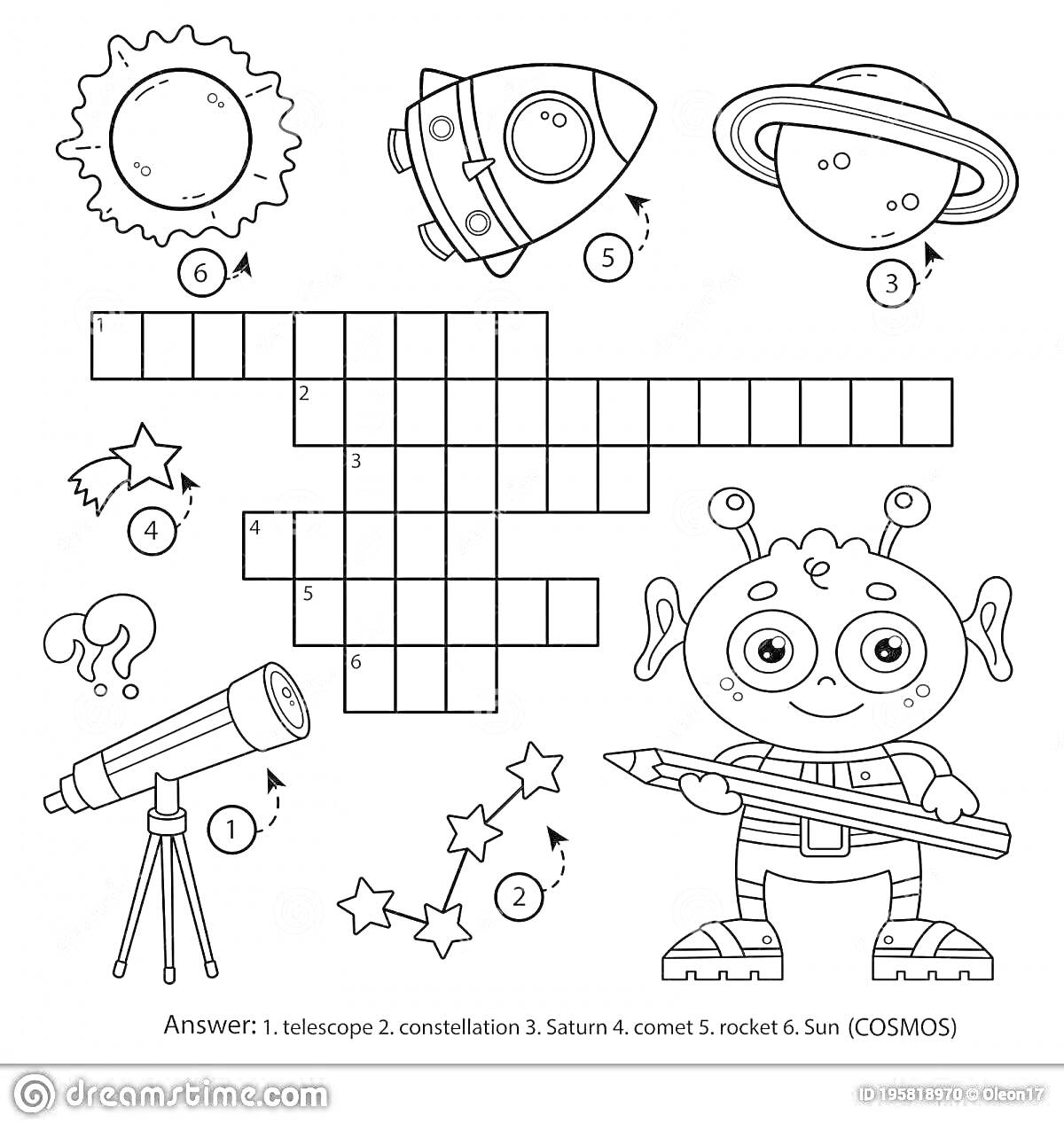 Раскраска Космическая раскраска с кроссвордом для детей (телескоп, созвездие, Сатурн, комета, ракета, Солнце, инопланетянин)