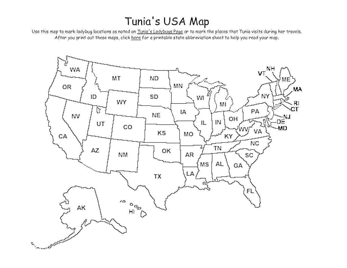 Раскраска Карта США с сокращенными названиями штатов (Tunia's USA Map)