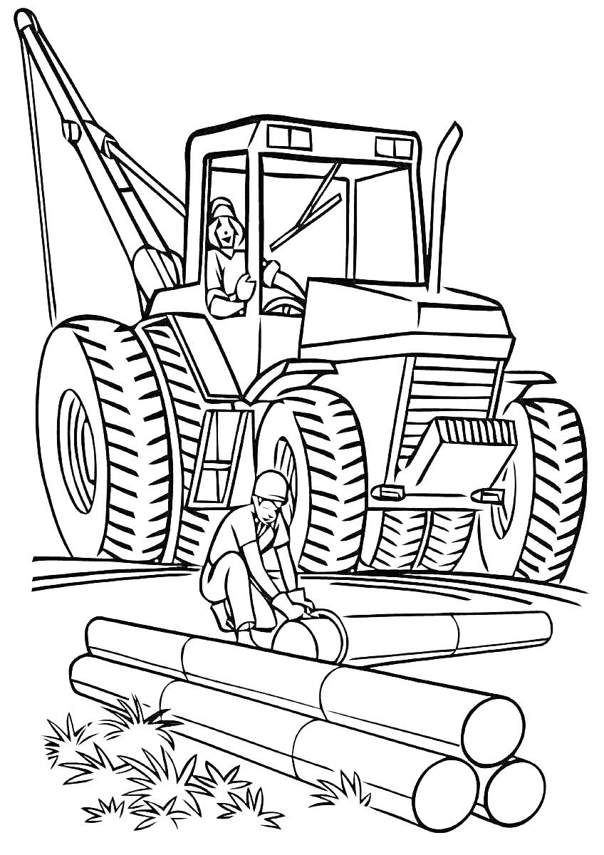 Раскраска Лесовоз с водителем и рабочим, распиливающим брёвна
