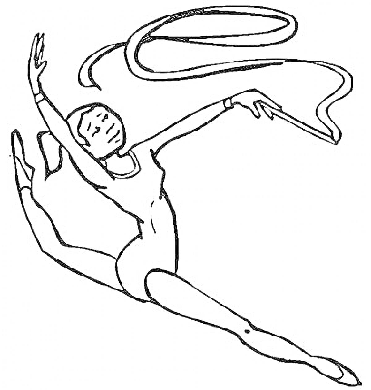 Гимнастка с лентой в прыжке