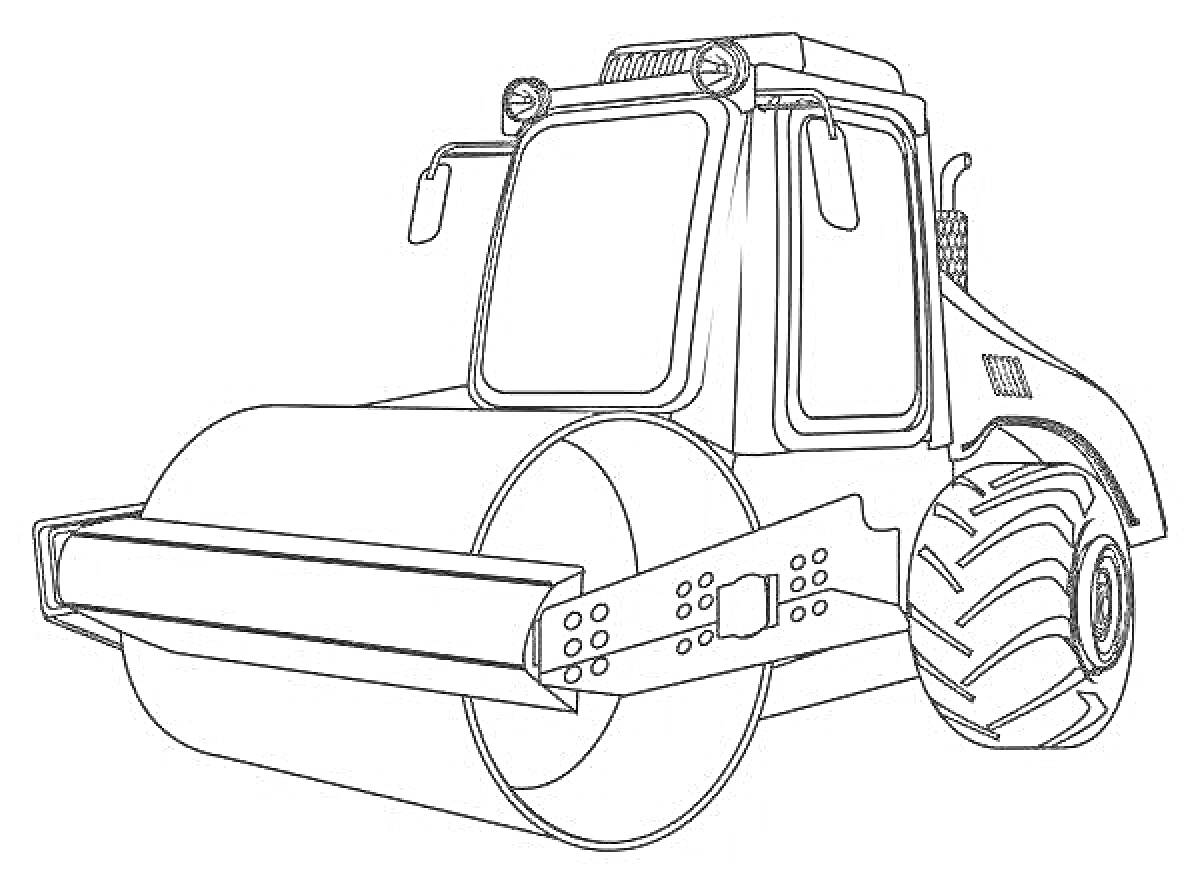 Раскраска Асфальтовый каток с большими передним барабаном и задним колесом