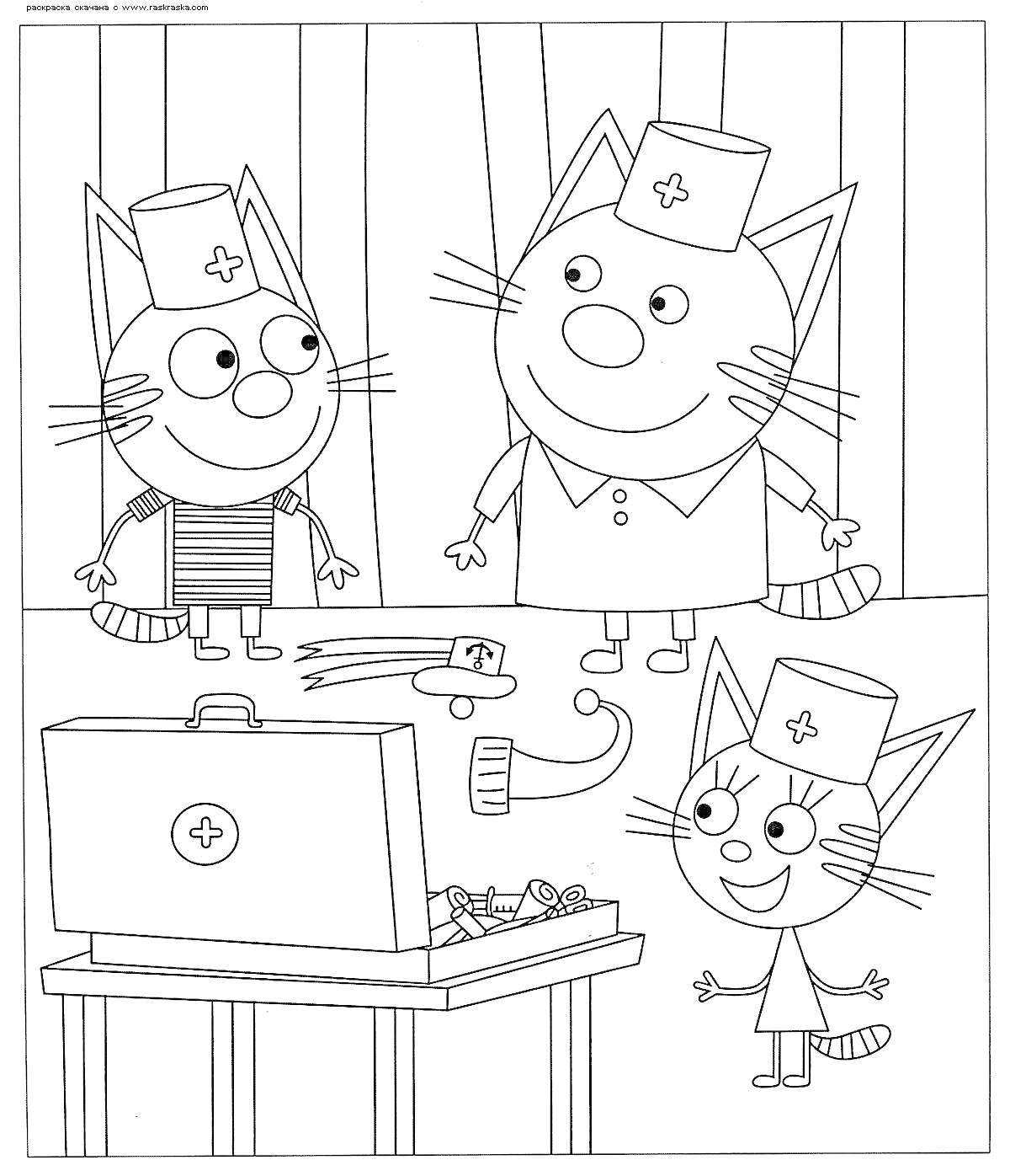 На раскраске изображено: Три кота, Медицинский чемоданчик, Щетка, Стетоскоп, Детский мультфильм