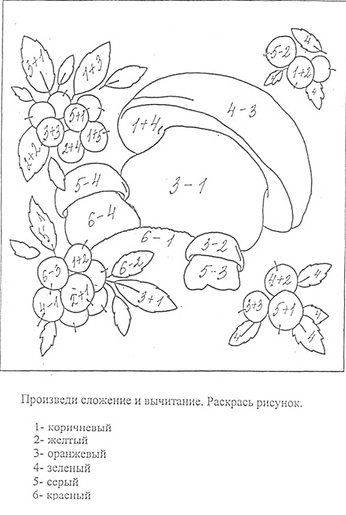 Раскраска гриб с ягодами и листочками и примеры на сложение и вычитание до 10