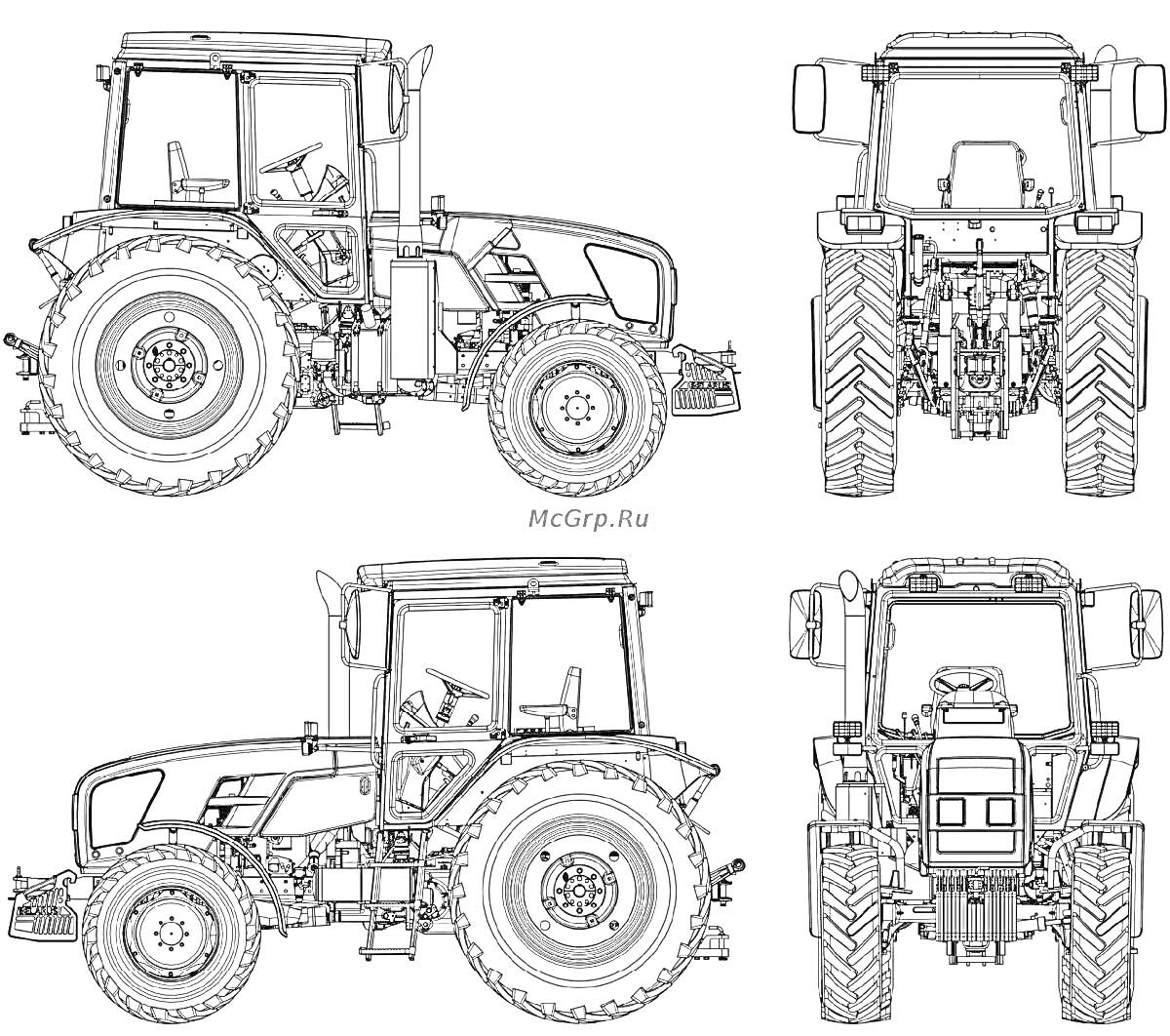Раскраска Трактор МТЗ 82 с видом сбоку и сзади