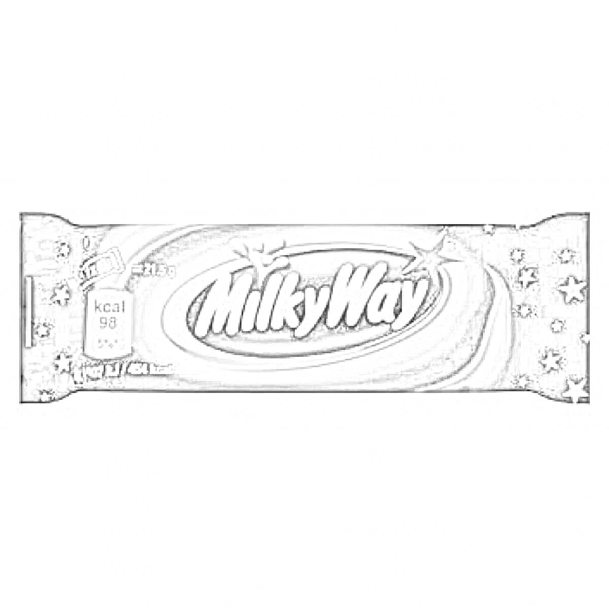 Раскраска Обертка батончика Milky Way с логотипом, звездами и указанием калорийности