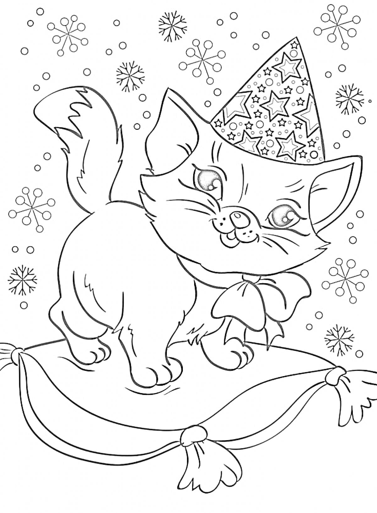 Раскраска Котик в новогодней шапке, стоящий на подушке, на фоне снежинок