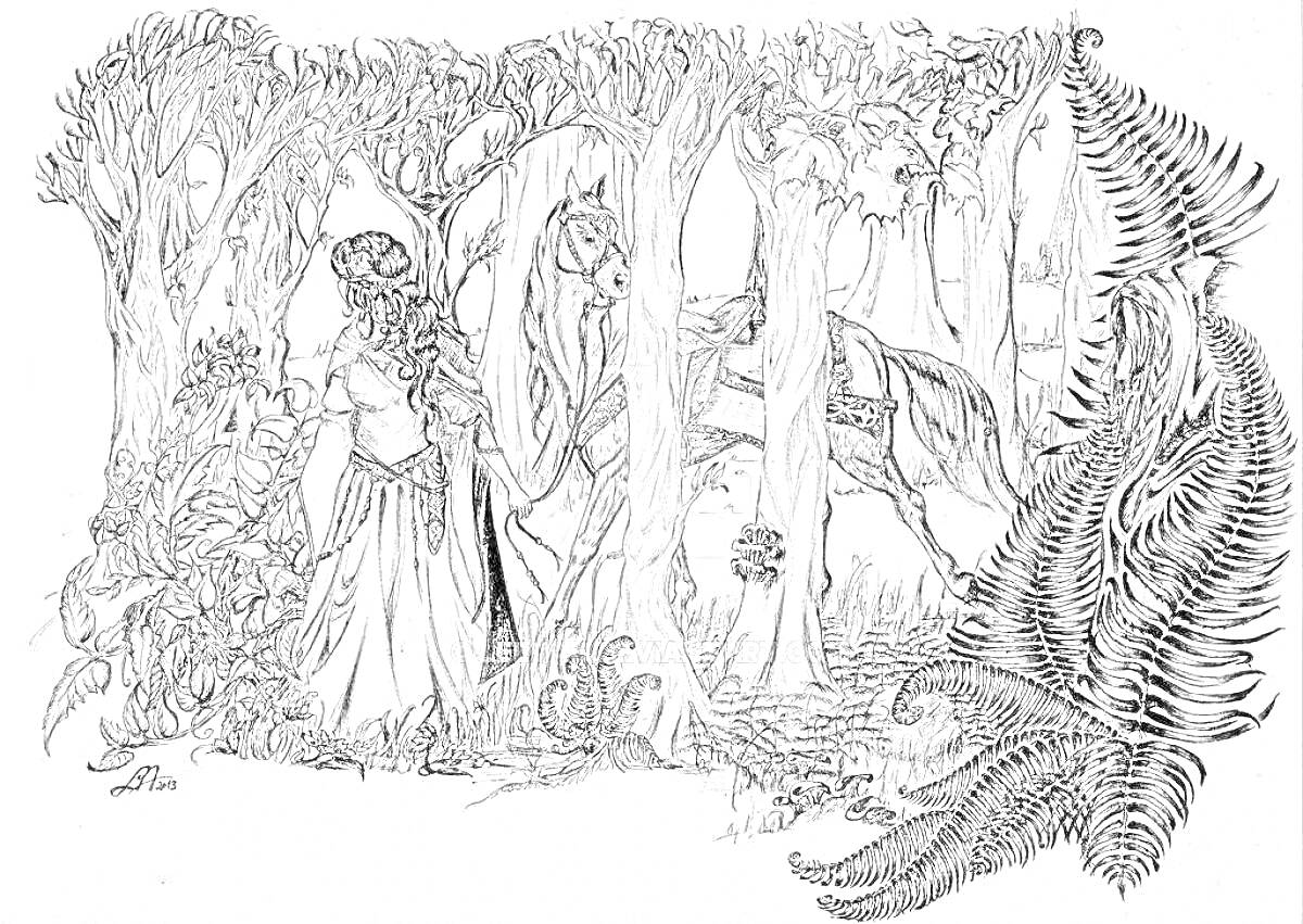 Раскраска Девушка в лесу со лошадью среди деревьев и папоротника