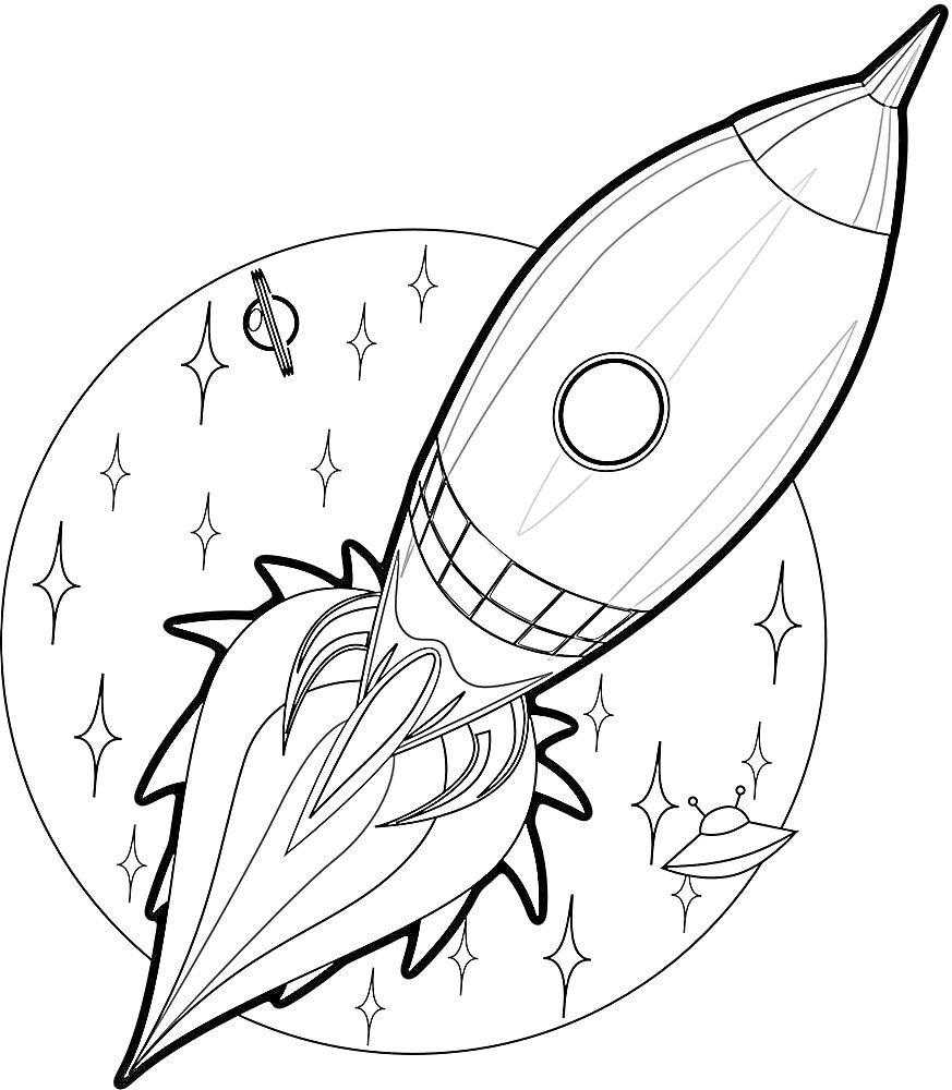 На раскраске изображено: Ракета, Космос, Звезды, Фантастика, Мультипликация, Для детей, Летающие тарелки