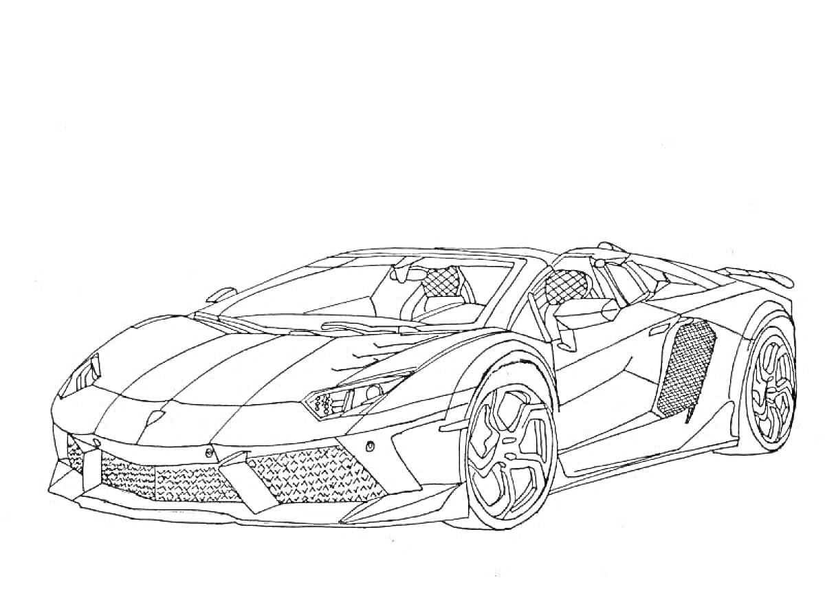 Раскраска Спортивный автомобиль Lamborghini Aventador со сложным дизайном кузова, открытыми фарами, решеткой радиатора, дверными зеркалами и крупными колесами.