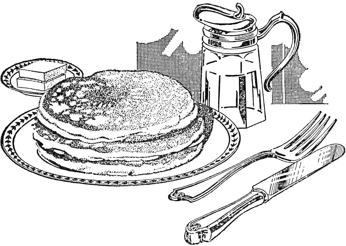 На раскраске изображено: Масло, Сироп, Кувшин, Тарелка, Нож, Вилка, Завтрак, Еда, Масленица