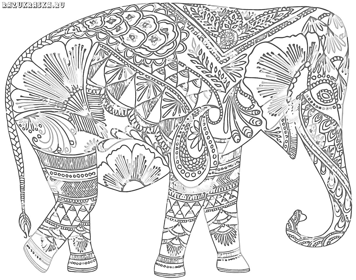 На раскраске изображено: Антистресс, Слон, Цветы, Геометрические узоры, Узоры, Арт-терапия, Расслабление, Творчество