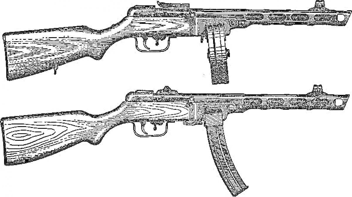 Раскраска Пистолет-пулемёт Шпагина (ППШ) с деревянным прикладом и двумя разными типами магазинов: коробчатый магазин и барабанный магазин